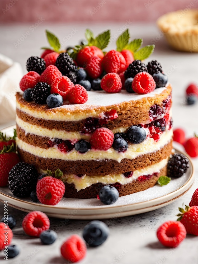 Delicious homemade cake with fresh berries on light background, waffles with berries Delicious homemade cake with fresh berries on light background, waffles with berries