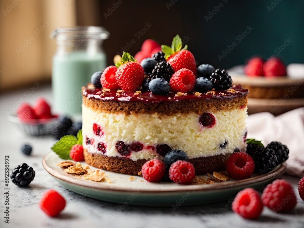 Delicious homemade cake with fresh berries on light background, cheesecake with berries Delicious homemade cake with fresh berries on light background, cheesecake with berries