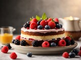 Delicious homemade cake with fresh berries on light background, cake with berries