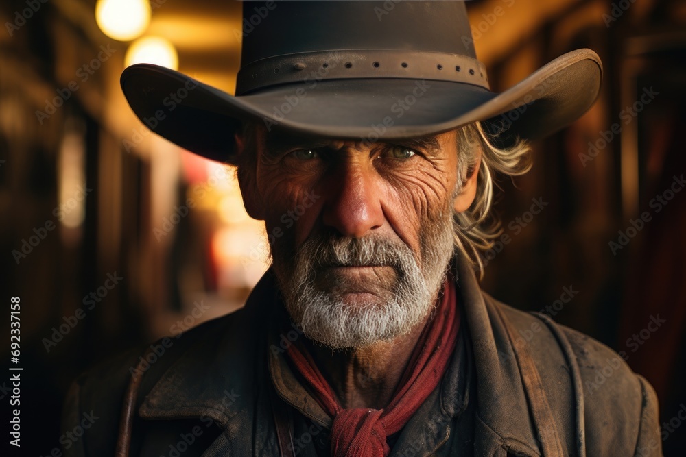 Rugged Resilience: A Lone Cowboy in the Dusty Sunset of the Old West - obrazy, fototapety, plakaty 