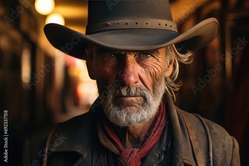 Rugged Resilience: A Lone Cowboy in the Dusty Sunset of the Old West photo