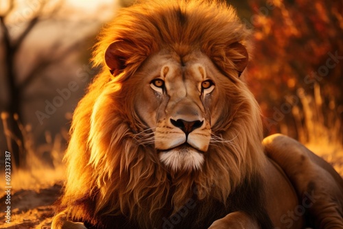 Regal Majesty  A Powerful Lion in the Golden Savannah  its Mane Flowing in the Wild  Dominating the Untamed Landscape of Nature s Kingdom.