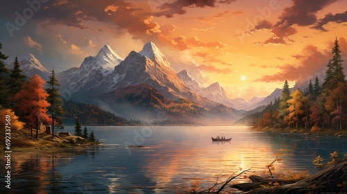 Serene Sunset Reflections  Lakeside Tranquility with Majestic Mountain Backdrop  