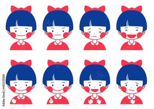 おかっぱ女の子の表情・赤青編