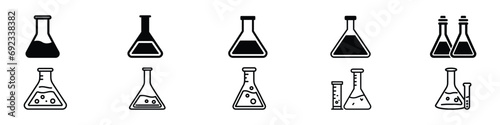 Chemistry flask icon. Chemistry beakers with Erlenmeyer flask , Chemical test tube. Glass tube. Flask template. Glass container. Flask of poison. Test tube icon. Chemistry lab flask, science symbol.
