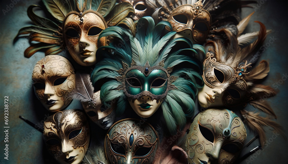 A top view of mysterious carnival masks.