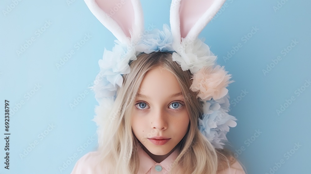 Surprised little girl with bunny ears and flowers on color background. Easter celebration