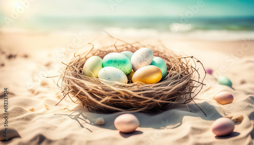 Easter eggs on the beach with copy space photo