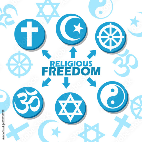 National Religious Freedom Day event banner. Religious symbols with bold text on white background to commemorate on January 16