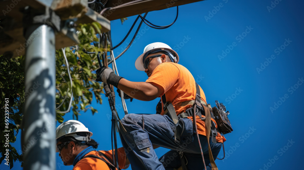 Electrician lineman repairman worker at climbing work on electric post power pole - obrazy, fototapety, plakaty 