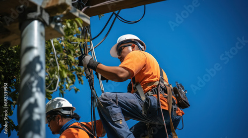 Electrician lineman repairman worker at climbing work on electric post power pole photo