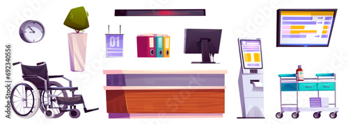 Hospital lobby design elements set isolated on white background. Vector cartoon illustration of wheelchair, computer on reception desk, electronic queue equipment, tv screen, folders with documents