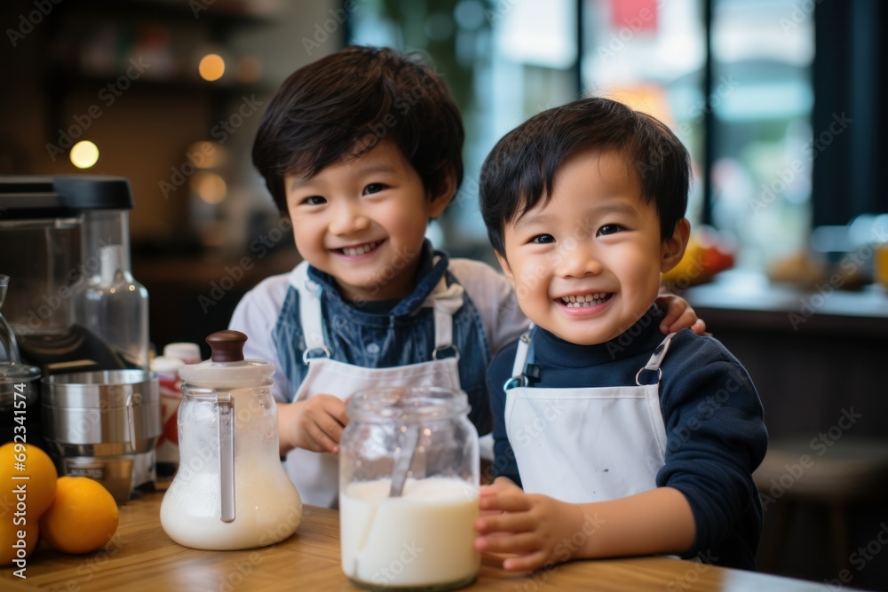 Joyful Young Brothers in Aprons Enjoying Kitchen Time Together