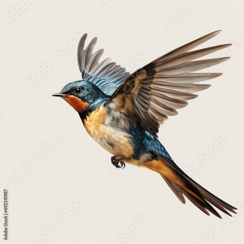 Barn Swallow Flying Wings Spread Bird, White Background, For Design And Printing