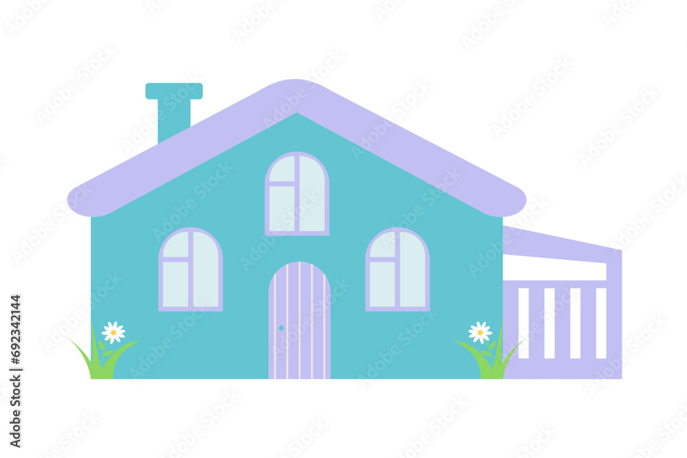Sweet pastel home with daisies. Cute cartoon dollhouse. Hand drawn vector illustration isolated on white background.