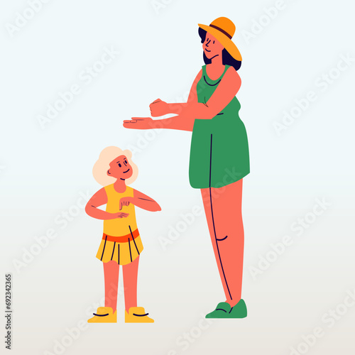 deaf family talk to each other mother and daughter using sign gesture language hearing disability