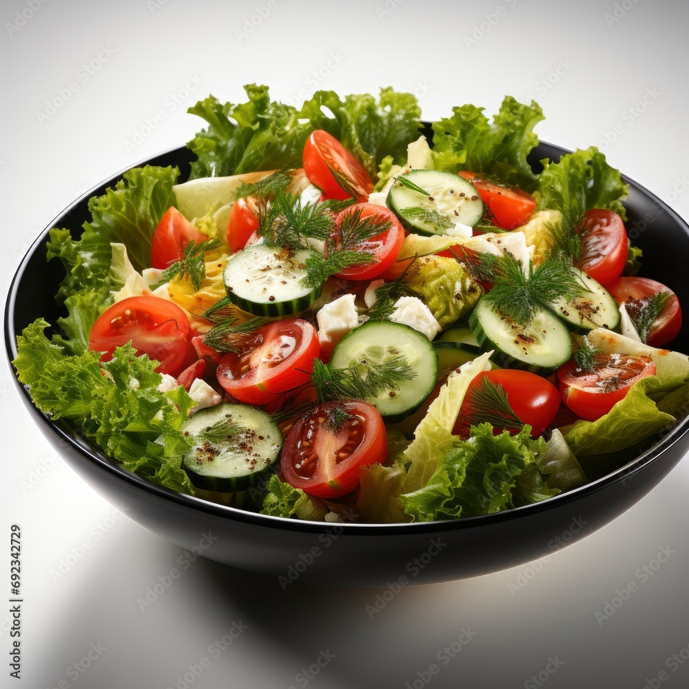 Bowl Delicious Vegetable Salad On White, White Background, For Design And Printing