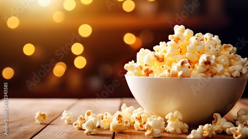 Closeup of a wooden bowl with fresh popcorn, on the background of a home interior with a TV