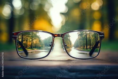 Eyeglasses on table, progressive lenses, eyeglasses for the elderly, glasses progressive lens, eyeglass progressive lens, close-up of glasses on blur background, looking through glasses