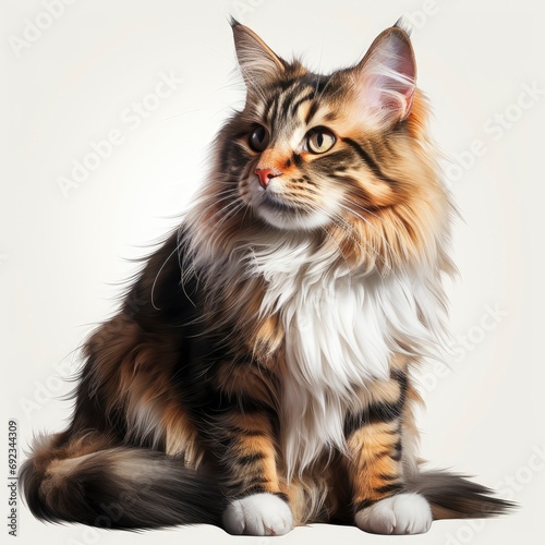 Cute Norwegian Forest Cat, White Background, For Design And Printing
