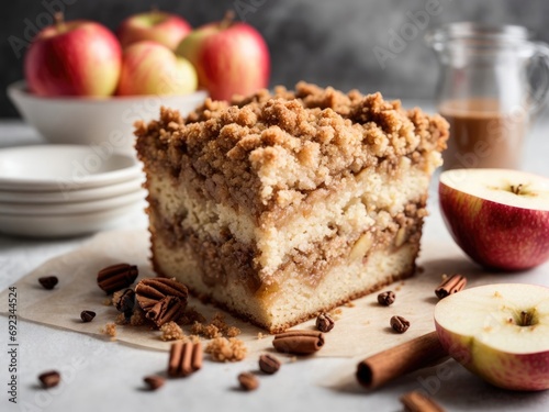 Piece of fresh homemade apple and cinnamon crumb coffee cake on white background , apple pie with cinnamon, apple pie with raisins, apple pie on a plate, apple pie with cinnamon and nuts photo