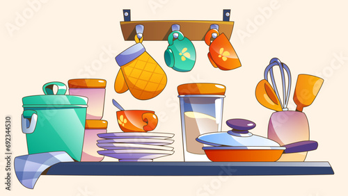 Cartoon kitchen shelf with standing and hanging utensil for cooking and dinning. Vector illustration setup with kitchenware - frying pan and pot, plates and cups, food in glass and ceramic bowls.