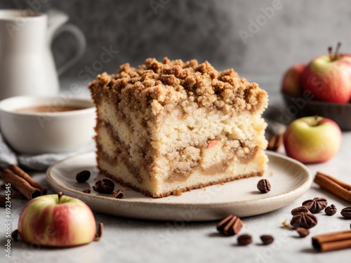 Piece of fresh homemade apple and cinnamon crumb coffee cake on white background , apple pie with cinnamon, apple pie with raisins, apple pie on a plate, apple pie with cinnamon and nuts