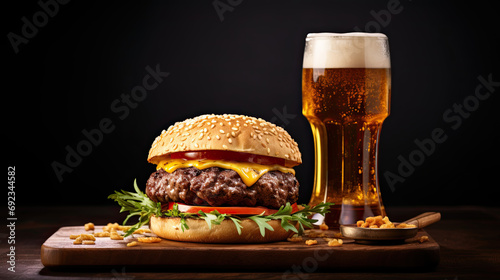 Fresh and Juicy Deluxe Burger with a glass beer AI Generative