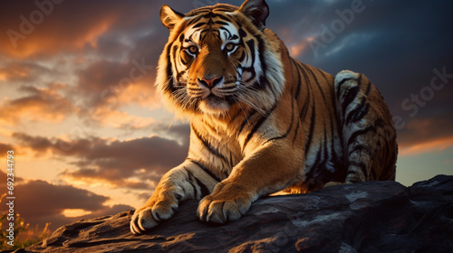 Fotografia Beautiful Tiger Roaming Under the Blue Sky