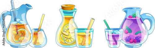 Cartoon glass jug, bottle and cups with straws with refreshing beverage made from lemon, orange and berries. Vector set of summer cocktail or lemonade with ice cubes, fruit slices and mint leaves.