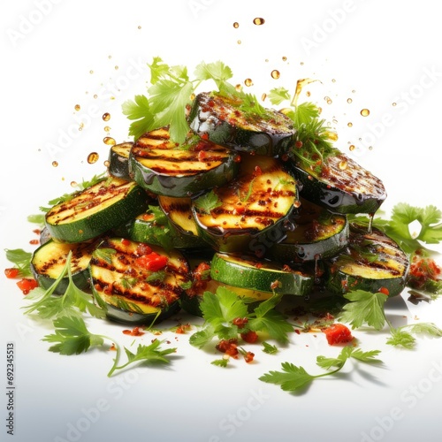 Falling Grilled Vegetable Slices, White Background, For Design And Printing