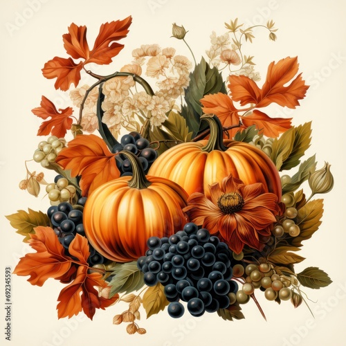 Festive Autumn Decor Pumpkins Berries Leaves, White Background, For Design And Printing