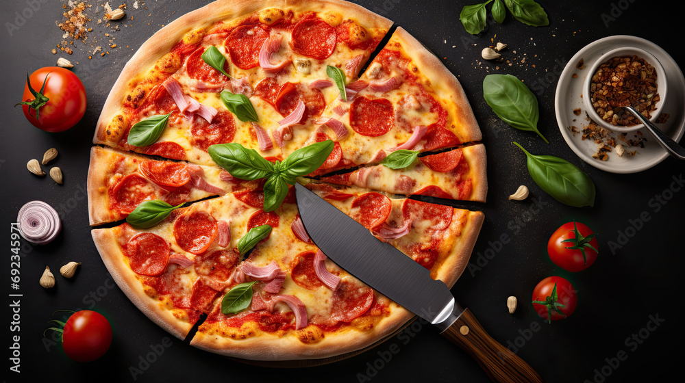 Fresh and Juicy top view Italian Pizza AI Generative