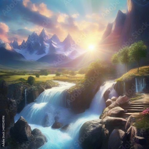 sunrise in the mountains and beautiful waterfall 