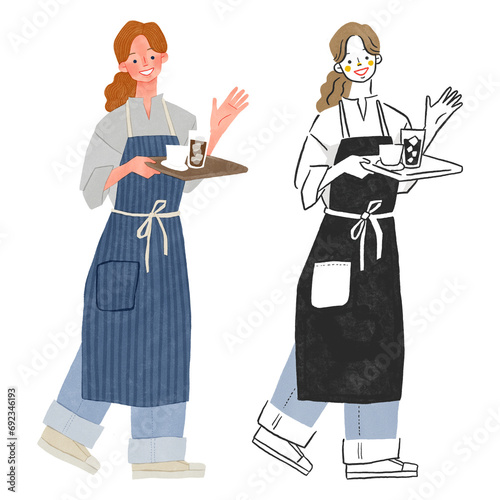 カフェで働くエプロンをする女性全身手描きイラスト