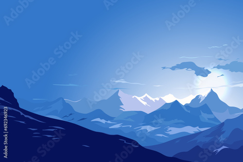 Beautiful mountain landscape, white nights or midnight sun. Amazing landscape of the polar night with silhouettes of mountains and stunning sun. Vector illustration for poster, banner, card, design.