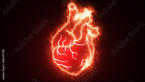 Fire neon line Human organ heart icon isolated on black background. Neon medical Heart. Motion graphic 4k photo