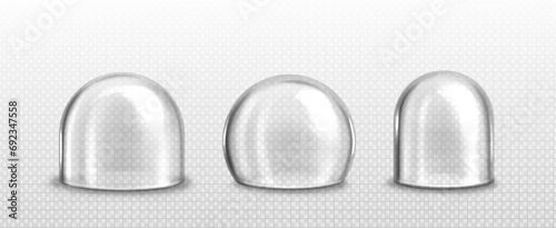 Glass hemisphere transparent dome. Realistic vector illustration set of plastic protection half globe. Geometric ball to cover showcase or product stand. Empty round clear safety container or jar.