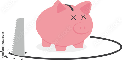 Transparent piggy bank being sawed underneath the floor to steal euro money. Financial mistake, investment risk and euro money loss in economic crisis or robbery and fraud concept.

