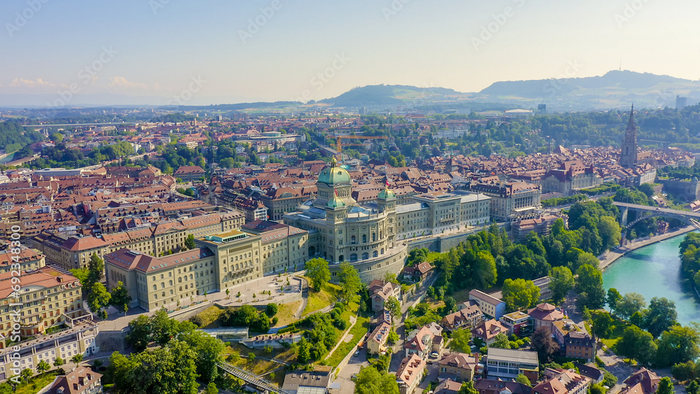 Bern, Switzerland. Federal Palace - Bundeshaus, Historic city center, general view, Aare river, Aerial View