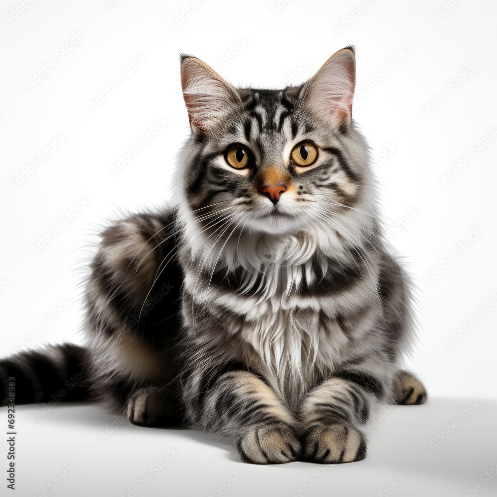 Grey Stripped Mixedbreed Cat Sitting Isolated, White Background, For Design And Printing
