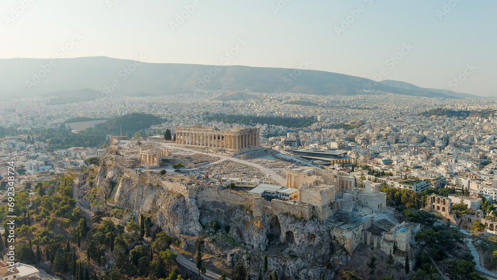 Athens, Greece. Acropolis of Athens in the light of the morning sun. Summer, Aerial View