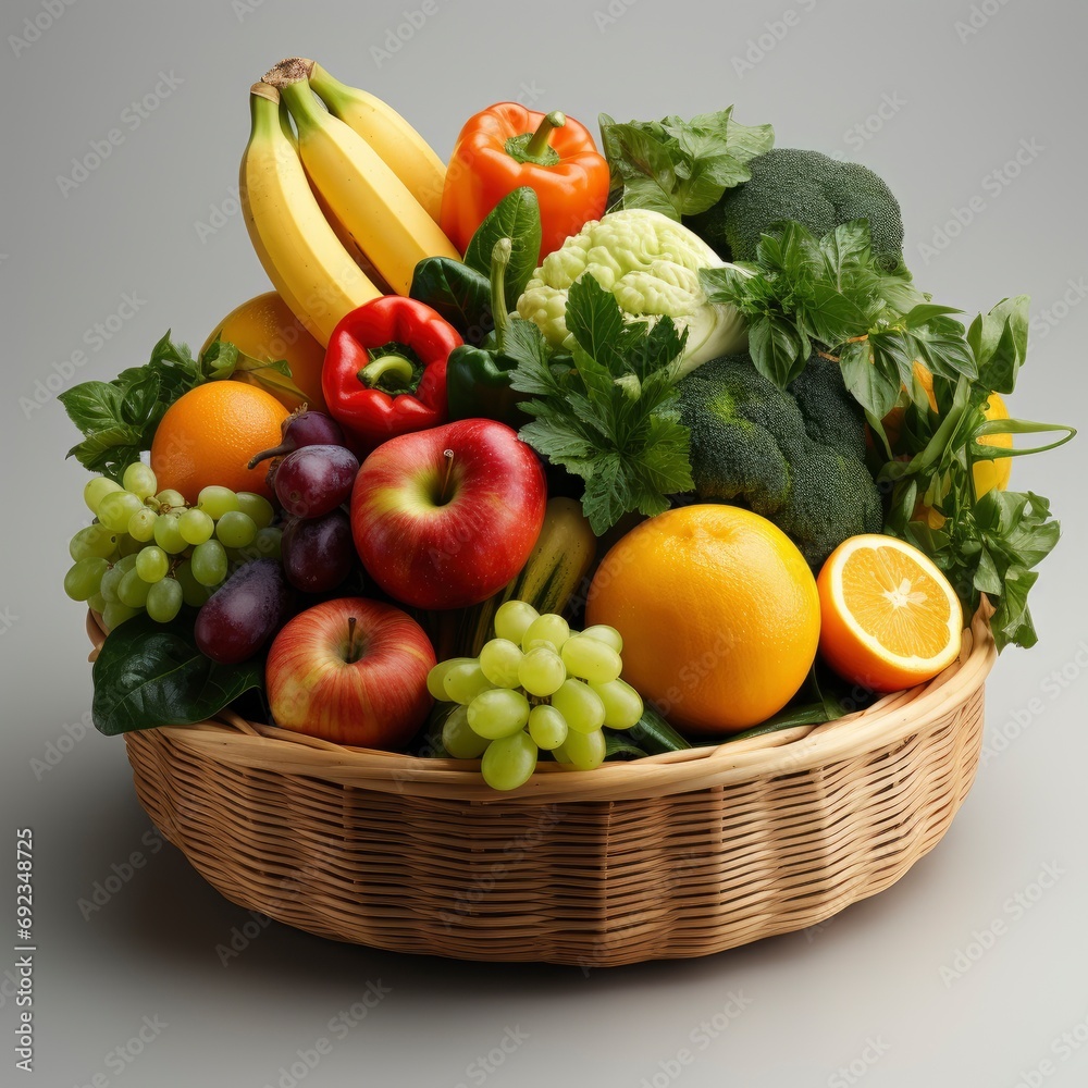 Healthy Food Basket Studio Photography Different, White Background, For Design And Printing
