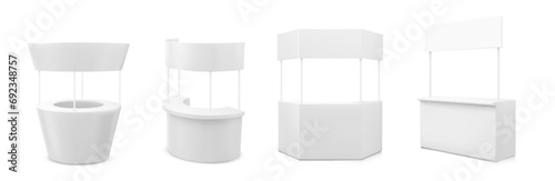 Advertising and promo booth stand. Realistic vector illustration set of white empty portable kiosk mockup with signboard. Blank retail trade, promoter and presentation stall of various shapes.
