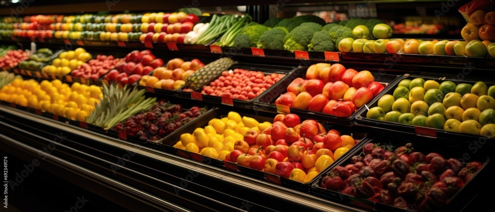 Fresh organic produce on display at local farmer's market. Healthy eating and nutrition.