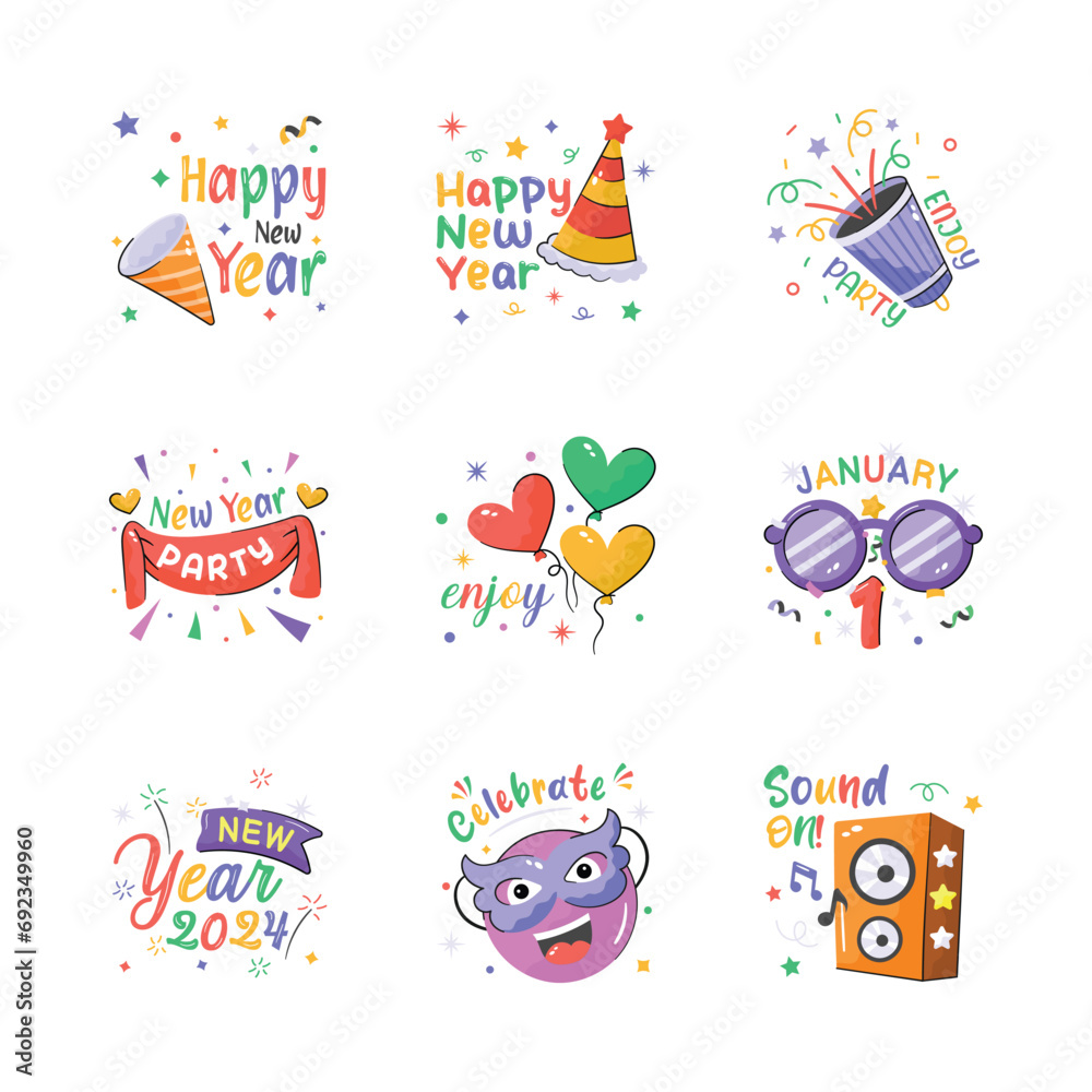 Take a glimpse at this visually perfect happy new year 2024 stickers set. Ready to use vectors Take a glimpse at this visually perfect happy new year 2024 stickers set. Ready to use vectors