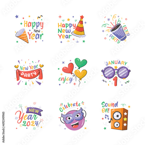 Take a glimpse at this visually perfect happy new year 2024 stickers set. Ready to use vectors