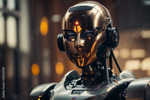 Portrait of a Smart Robot Shining in the Dark Abyss photo