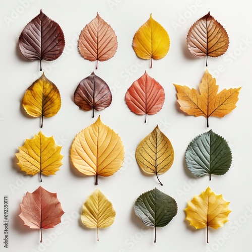 Isolated Autumn Leaves Collection Multicolored, White Background, For Design And Printing
