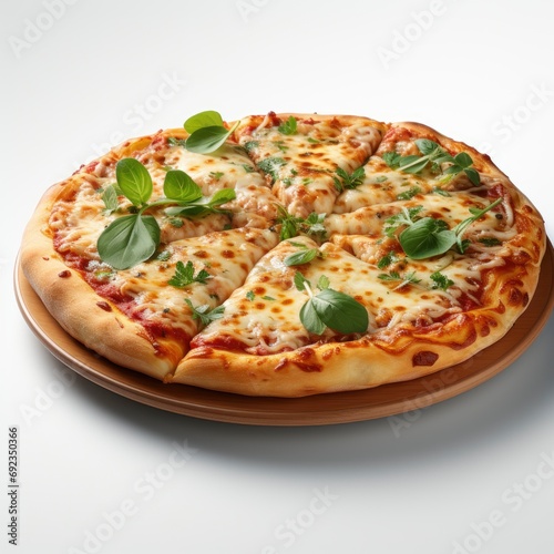 Italian Pizza Melted Mozzarella Cheese Green, White Background, For Design And Printing